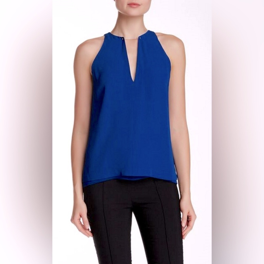 NWT A.L.C. Keaton Women's Sleeveless V-Neck Metal Bar Tank Top Blouse Blue Sz 10